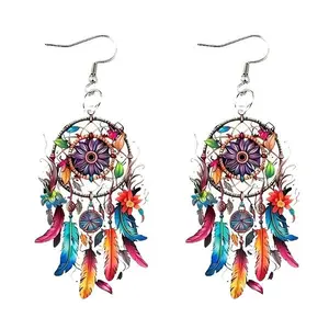 Bohemian Dream Catcher Pattern Flat Acrylic Earrings, Retro Artistic Style, Perfect for Beach Outfits, Vintage Statement Dangle Earrings for Women