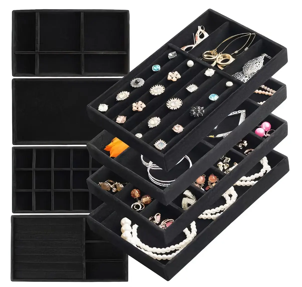 8 Pcs Velvet Jewelry Drawer Organizer Set – Stackable Black Jewelry Trays for Rings, Earrings & Necklaces Display