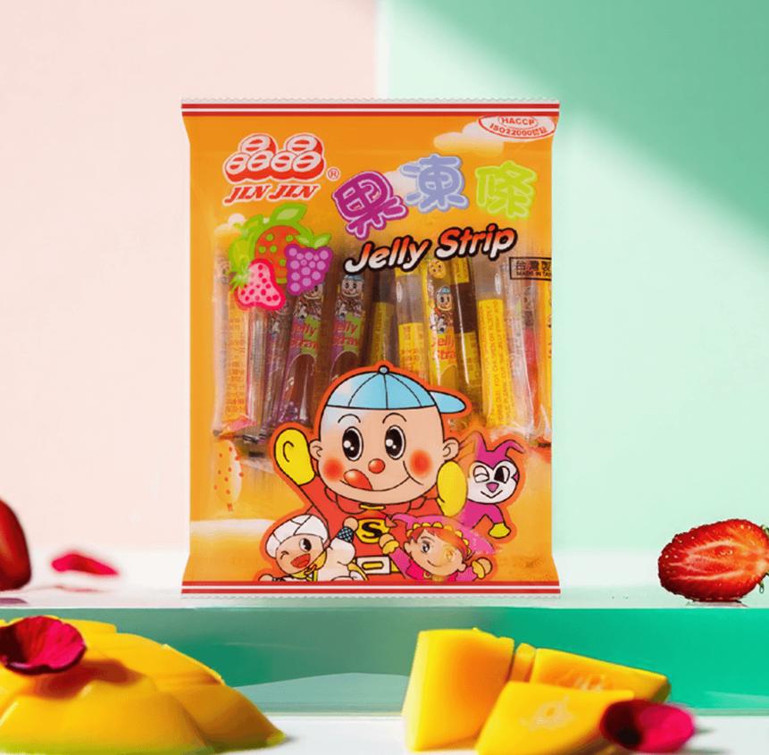 JinJin - Jelly Strip Assorted Flavors Sweet 400g / 14.10oz per Pack Low Calories 0 Fat Snack for Holiday Sharing Package Dessert Juicy Fun Fruit