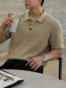 Spring/Summer Unisex Casual Solid Color Loose Lightweight Minimalist V-Neck Pullover Sweater for Men and Women, Short Sleeve, Versatile, Business Style