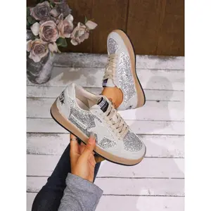 Women's Casual Shoes, Walking Shoes, Metal Sequins Lace-Up Sports Shoes, Star Decorations, Fashionable Look, Perfect for Trendy and Outdoor Activities