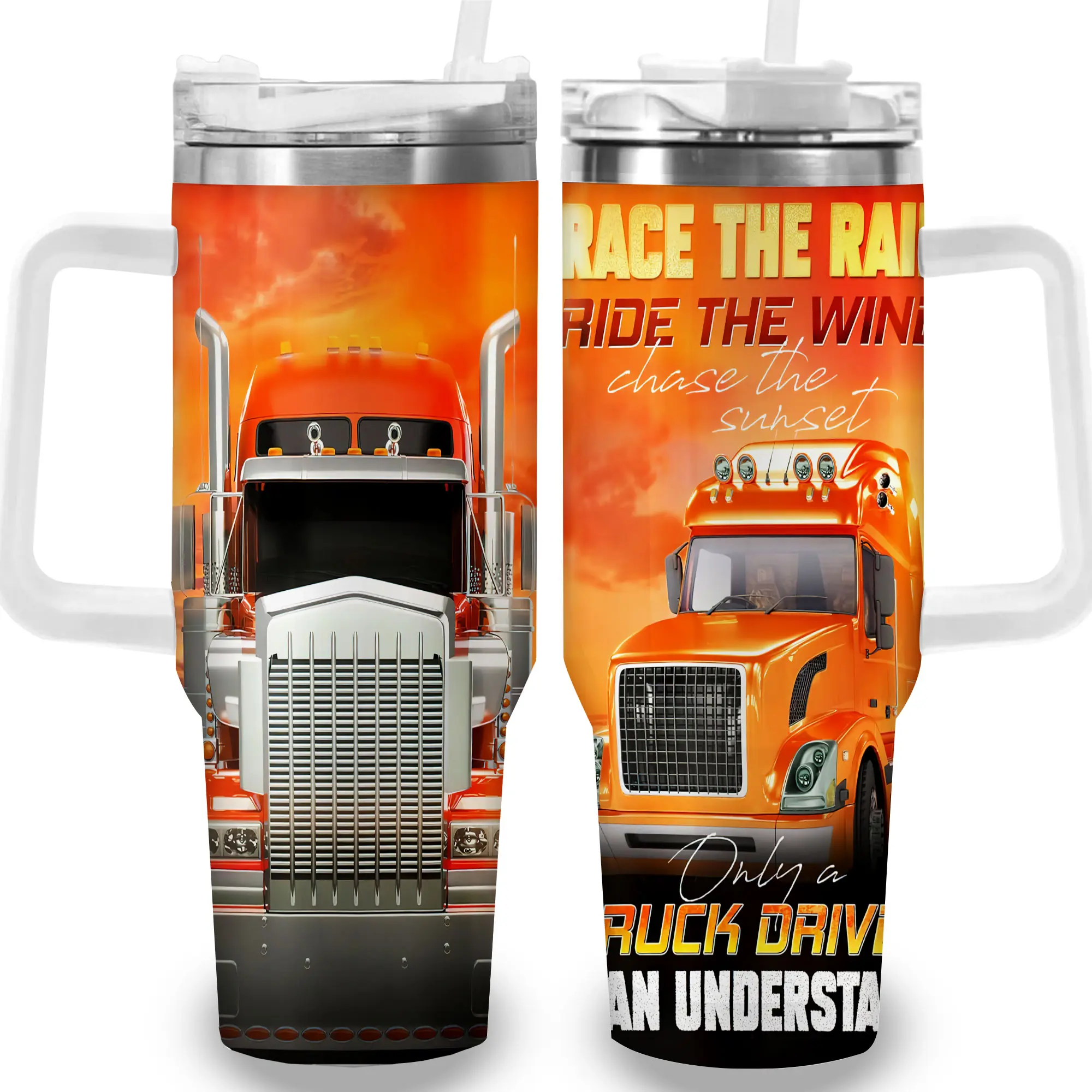 1pc 40oz (1,000-2,000 ml) Orange Truck Driver Adventure Leak-Proof Insulated Tumbler with Lid - Vacuum Flask, Travel Coffee Cup, Memorial Birthday Gift for Men, Ideal for Independence Day, Unique Kitchenware Drinkware Item, Adults