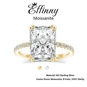 Effinny 4.5 Carat 14K Gold Plated Elongated Excellent Radiant Cut Synthetic Moissanite Engagement Ring, D Color VVS1 Promise 925 Sterling Silver Jewelry for Women, Wedding