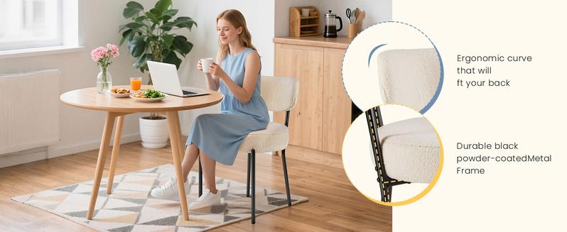 Dining Chair Set of 2 Boucle Upholstered Kitchen Chairs with Curved Backrest & Metal Legs - Mid Century Modern Round Dining Room Chairs for Vanity or Living Room Tufted Velvet