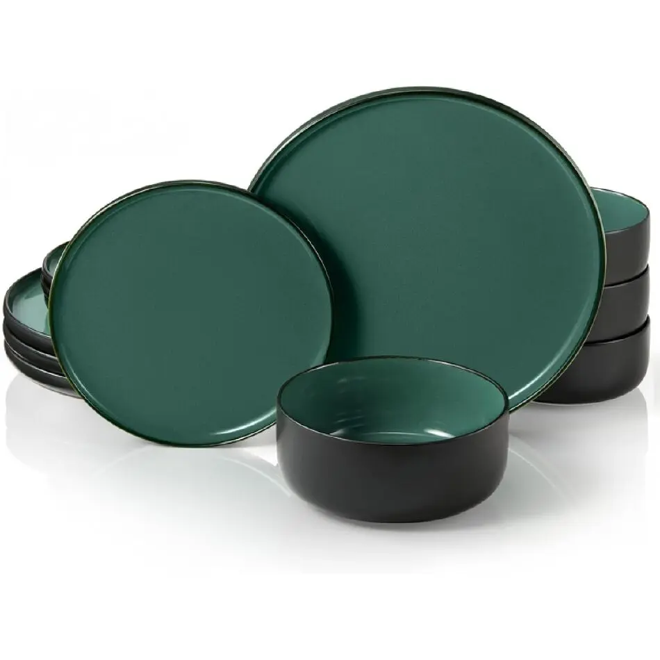 12-Piece Sturdy Rustic Everyday Tableware Set for 4 - 10.5in Raised Rim Ceramic Dinner Plates (Large Surface), 8.2in Salad Plates, 20oz Burnt-Copper Stoneware Soup Bowls (Black/Jade), Dishwasher Safe for Casual Dining