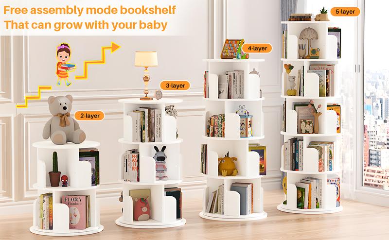 Unikito 4/5/6 Tier Rotating Bookshelf, 360 ° Display Stackable Spinning Bookshelf Tower, Narrow Space Saving Tall Floor Standing Swivel Bookcase Corner Storage Organizer for Bedroom, Living Room, shelves  bedroom