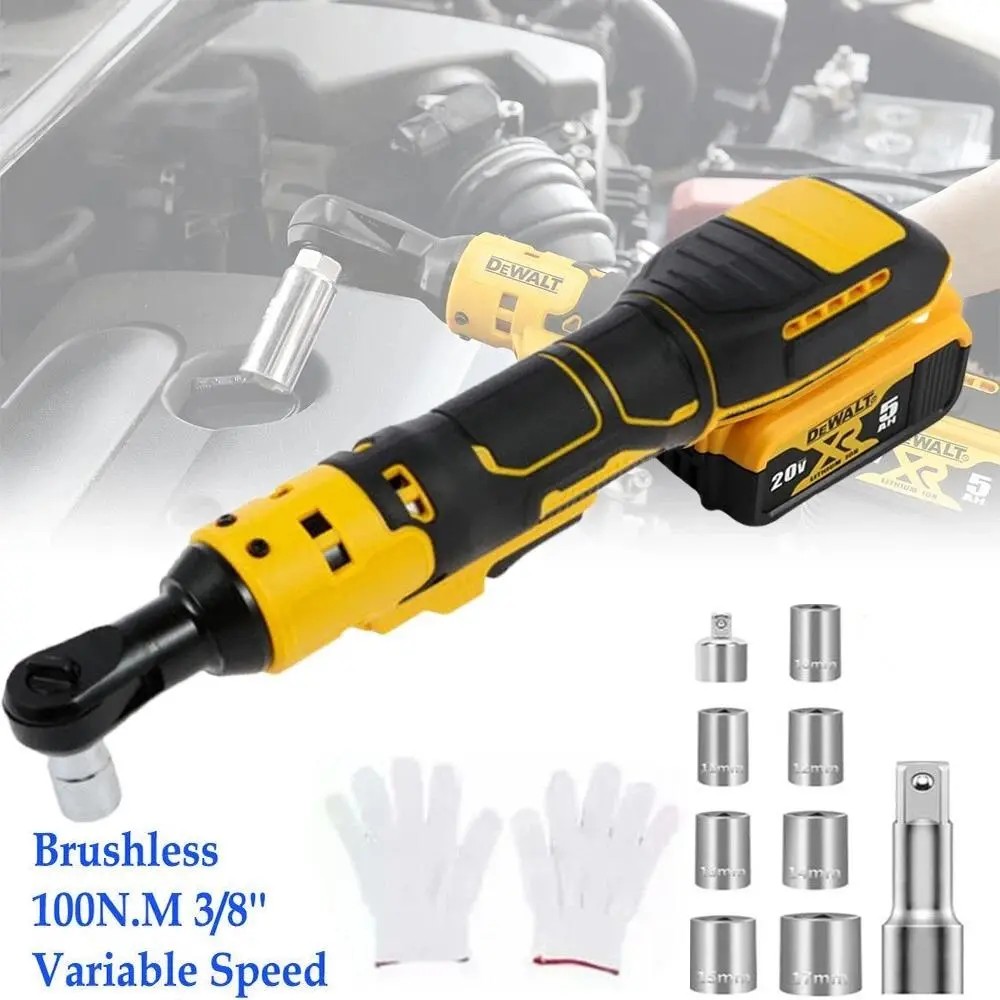 For Dewalt Safe Brushless Electric Ratchet 3/8" Variable Speed Wrench with Overload Protection & Anti-Kickback for 20V Users Includes 7 Sockets & LED Light Wireless Power Tools Tool Kit High Torque Impact Handle