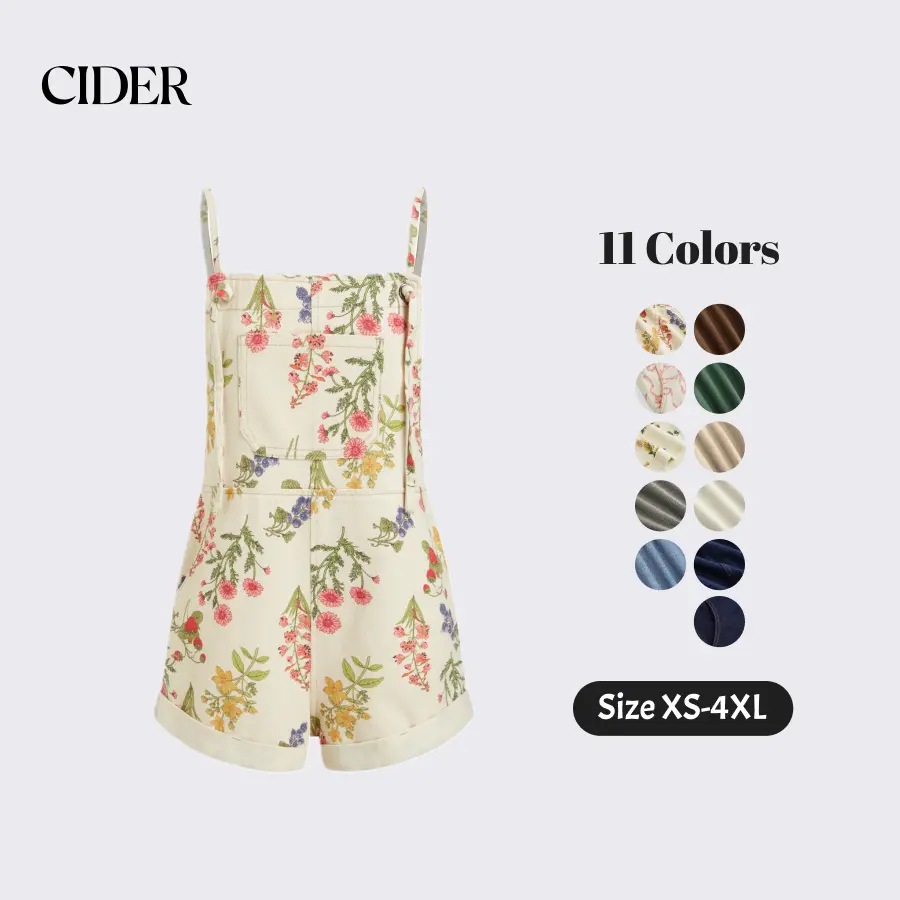 Cider Cute Vacation Denim Pocket Floral Camisole Ultra Short Romper for Y2K Streetwear Outfits