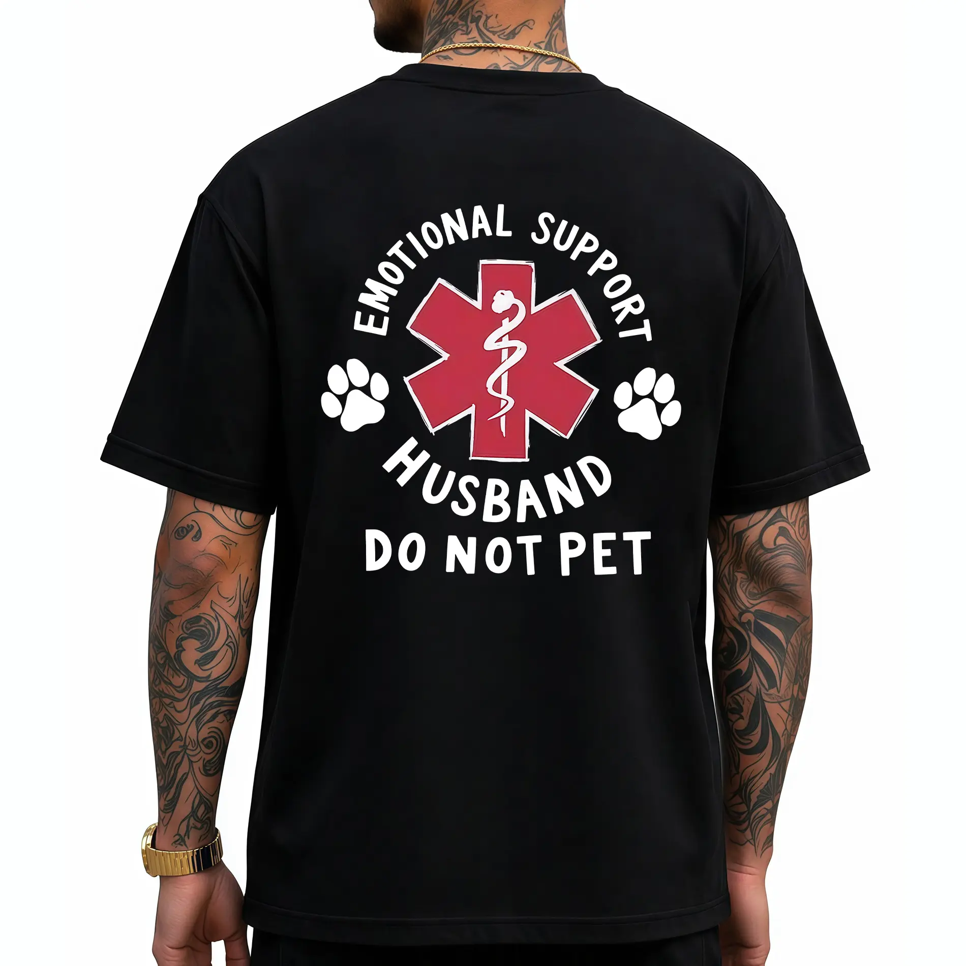 Male Retro Graphic T-Shirt - Breathable Oversized Cotton Menswear, Short-Sleeve Round Neck Casual Streetwear Top with Funny Emotional Support Husband Print, Gift Idea for Boyfriend