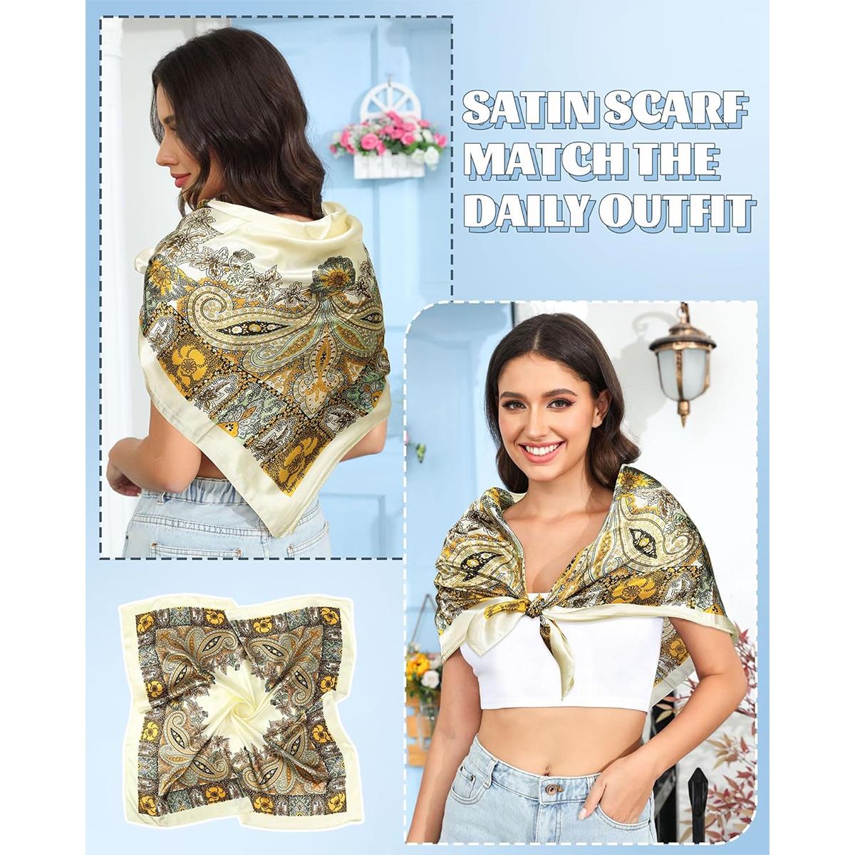 3-piece suit 35 Inches Large Printed Silk Like Texture Square Head Scarf Neck Scarves for Women Hair Kerchief Bandanas Scarf Sleeping Head Wraps Hair Band Headscarf Female Hair Accessories