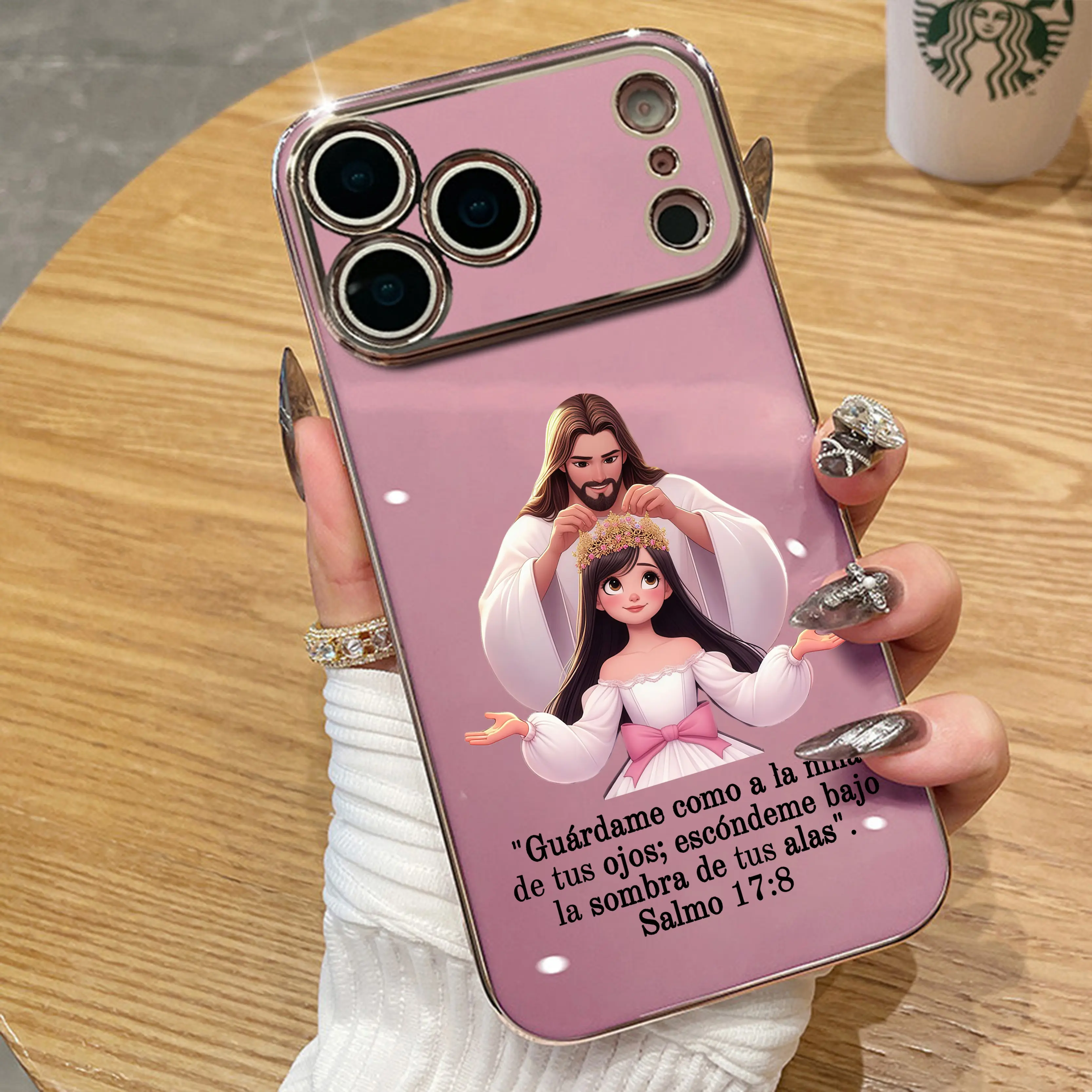 Glossy 6D Plating TPU Resin Protect Cover for iPhone Series, Multi-Model Anti-Drop Case with Full Camera Lens Protection, Luxury Golden Edge, Spanish Salmo 17 8 Design, Aesthetic Faith-Based Gift for Latinas NN121
