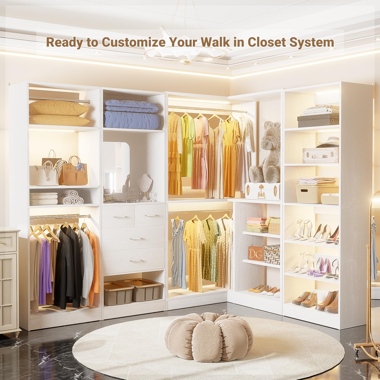Corner Walk-In Closet Organizer System Set, 36 Inch Large Freestanding Closet Organizer System with 2 Hanging Rods and Storage Shelves, Sturdy Walk-in Closet Tower, White Freestanding Closet with Drawers and Rod for Organized Storage Corner Walk-In Closet Organizer System Set, 36 Inch Large Freestanding Closet Organizer System with 2 Hanging Rods and Storage Shelves, Sturdy Walk-in Closet Tower, White Freestanding Closet with Drawers and Rod for Organized Storage