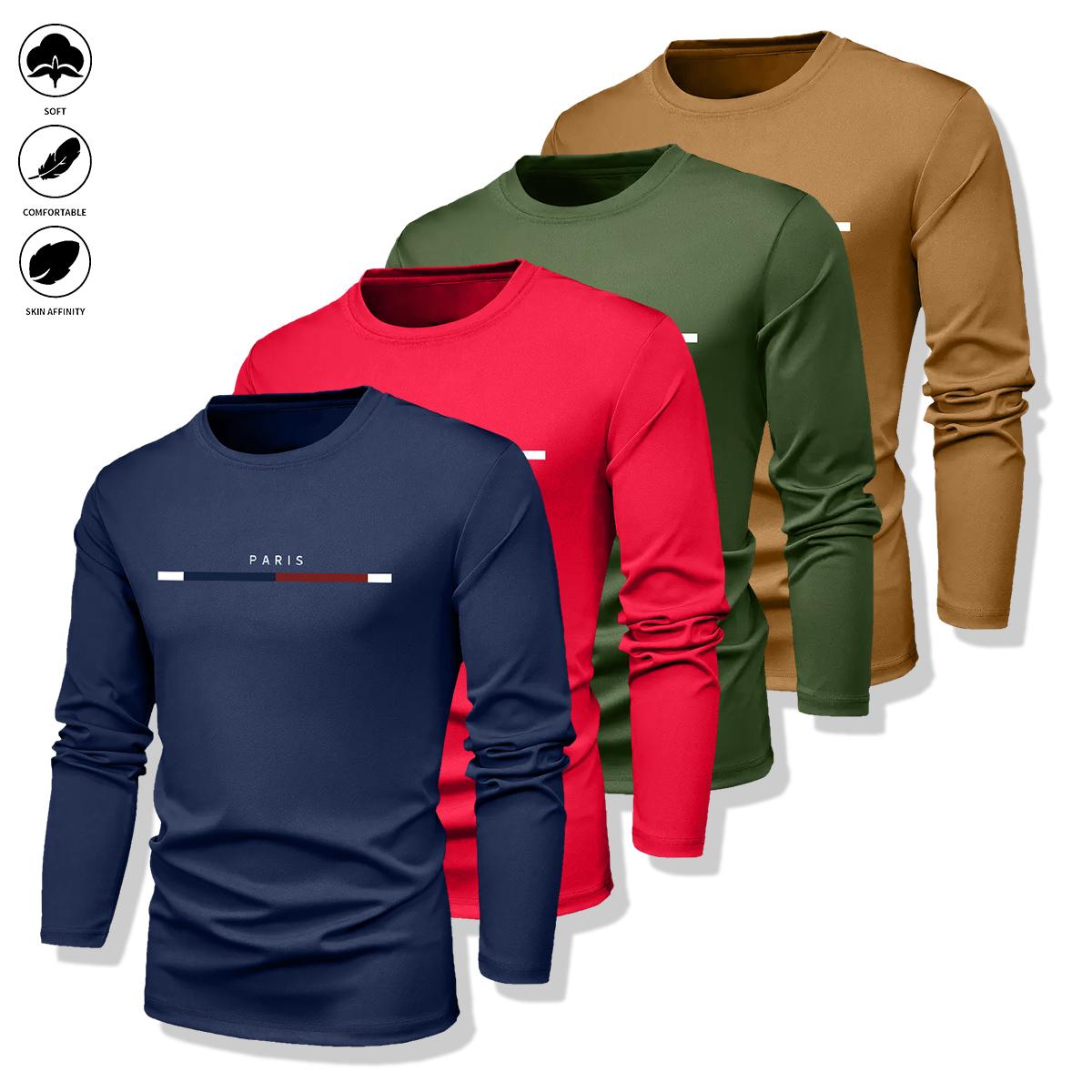 Pack of 4 - Men's Long Sleeve T-Shirt - Casual Crew Neck Breathable Tee, Suitable for Spring and Autumn Wear, Featuring Letter Pattern Design, Well-Fitting Cut, Ideal for Everyday Wear, Men's Long Sleeve Top