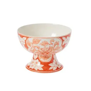 Coral Orange & White Hand Painted Chinoiserie Ceramic Elodie Compote Pedestal Dish