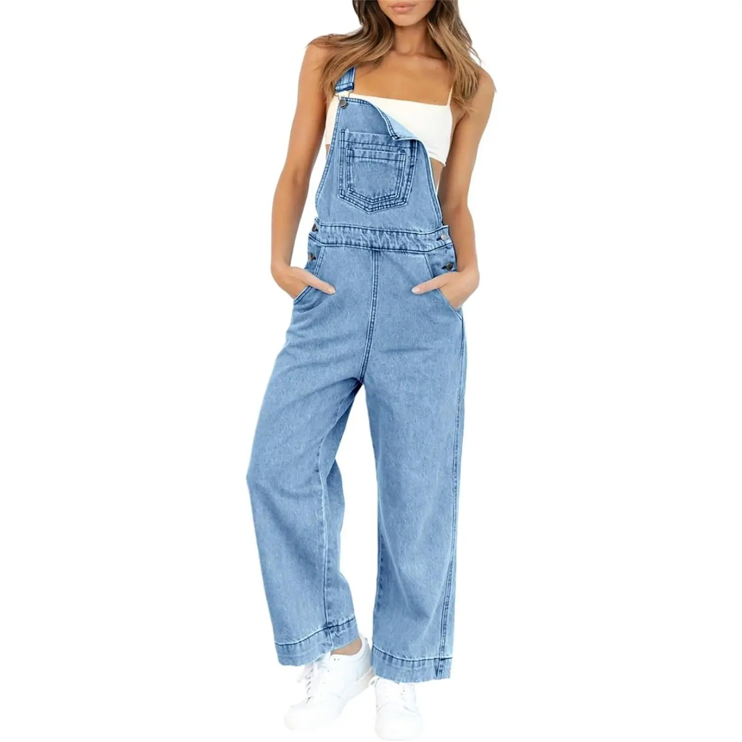 FMEYOA Womens Jean Bib Overalls Adjustable Casual One Piece Jumpsuits Revolt Juniors Stretch Wide Leg Loose Denim Pants