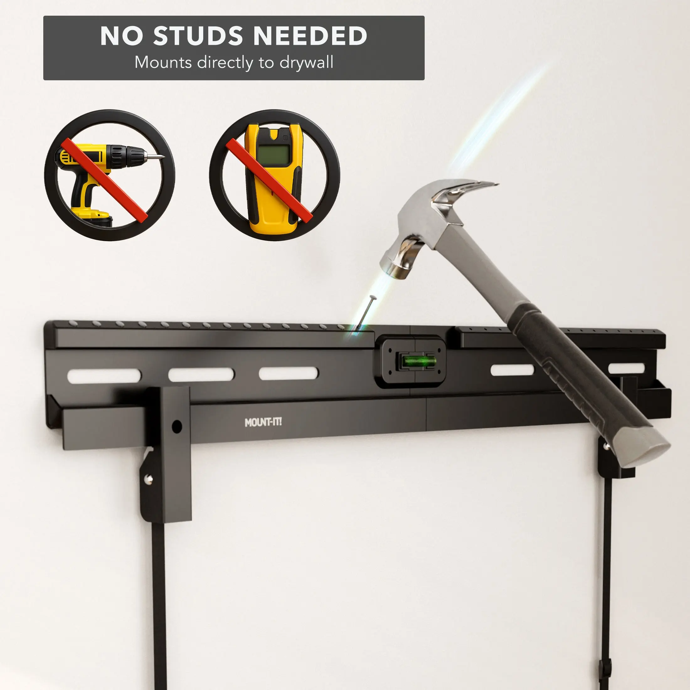Mount-It! No Stud TV Wall Mount for Drywall – No Drilling, Ultra-Slim 1.1” Profile, Supports 37”–85” TVs up to 110 lbs, Studless Drywall TV Wall Mount with Built-In Level, Spring Lock System, All Hardware Included, Easy Installation