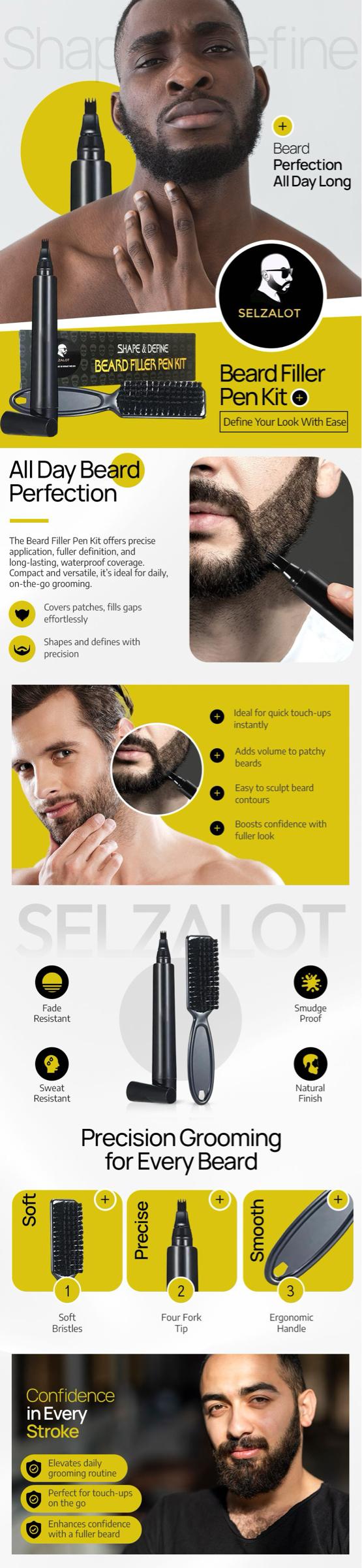 SELZALOT Beard Pen Filler Kit for Men 4-Tip Black Waterproof Sweat-Proof Long-Lasting Coverage with Brush Smooth Application for Fuller Beard Compact Portable Grooming Tool for Daily Makeup