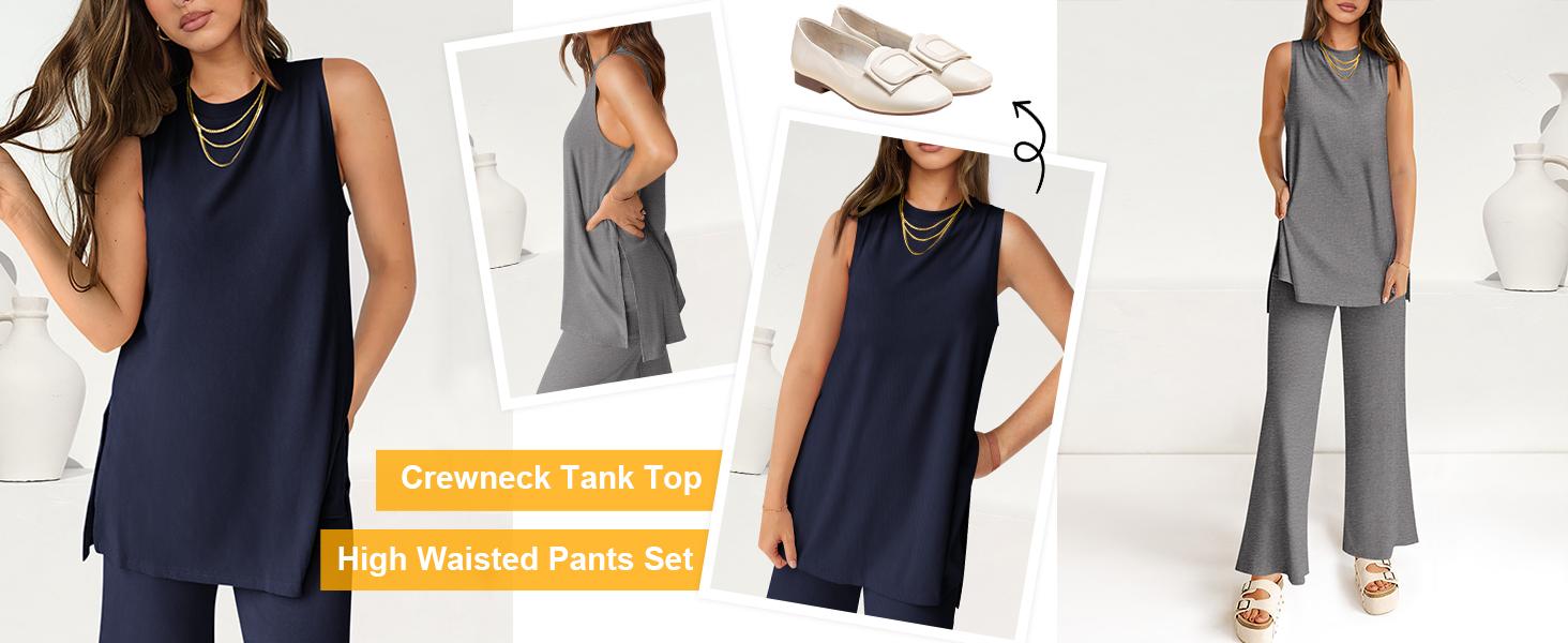 PrettyGarden Women's 2 Piece Lounge Set Summer Casual Loose Tank Top & Wide Leg Pants Matching Travel Outfits Tracksuit With Split Hem & Pockets Crewneck Sleveless Minimalist