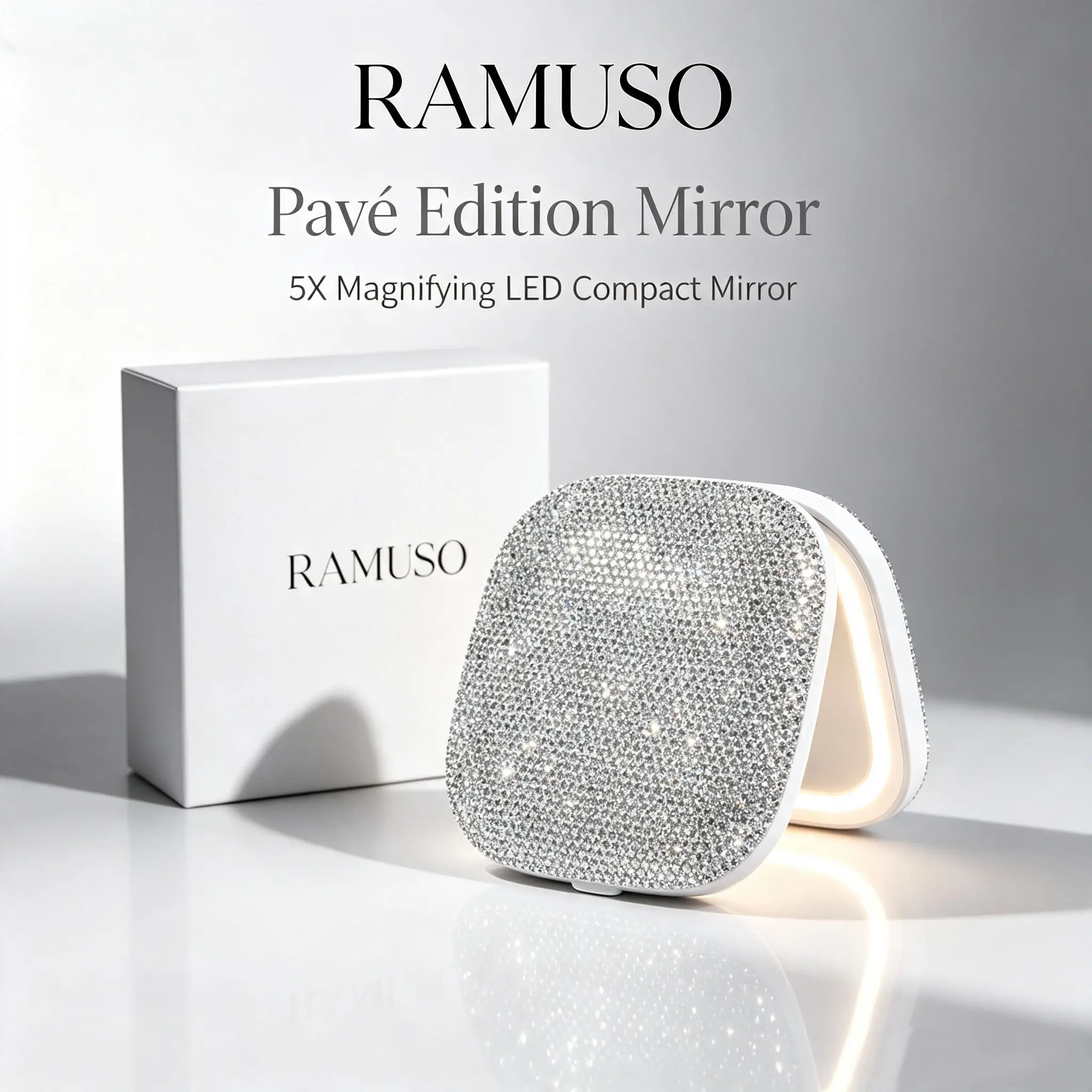 RAMUSO Pavé Portable LED Compact Mirror with Rhinestone - Slim Rechargeable Travel Makeup Mirror, Auto On/Off & 3 Light Settings, 1X/5X Magnifying Mirror for Pocket & Purse, Aesthetic Daily Touch-Up Giftfe, Mother