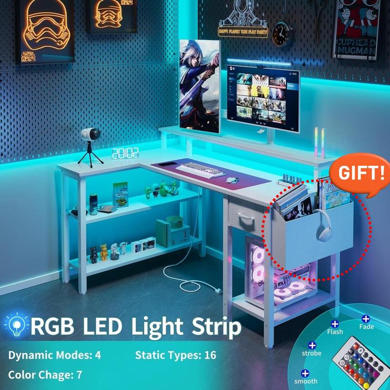 Lufeiya White L Shaped Gaming Desk with Fabric Drawers and Storage Shelves, 47 inch Home Office Desk with Monitor Stand, Computer Desk with LED Lights and Power Outlets, White, Get Free Gift