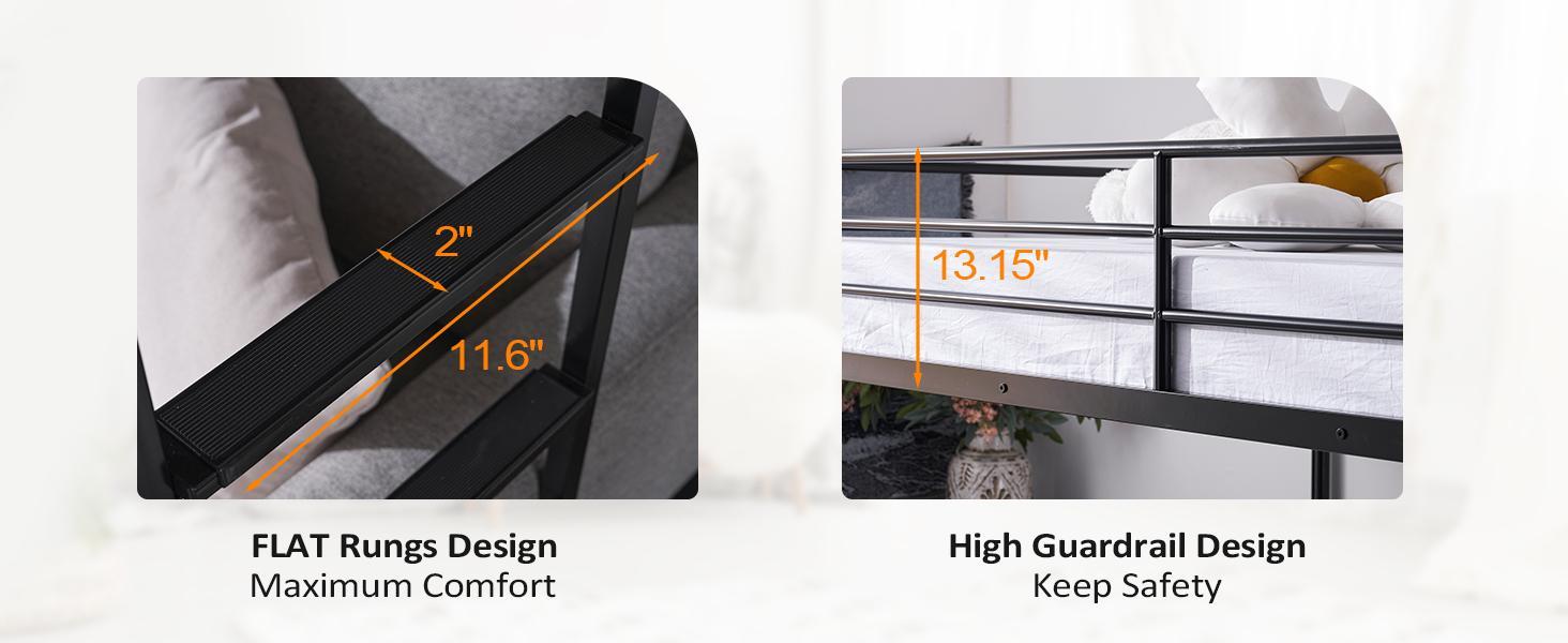 VINGLI Loft Bed Full Size with Flat Rungs for Adults, Kids and Young Teens, No Box Spring Required,Heavy Duty Metal Slat Support