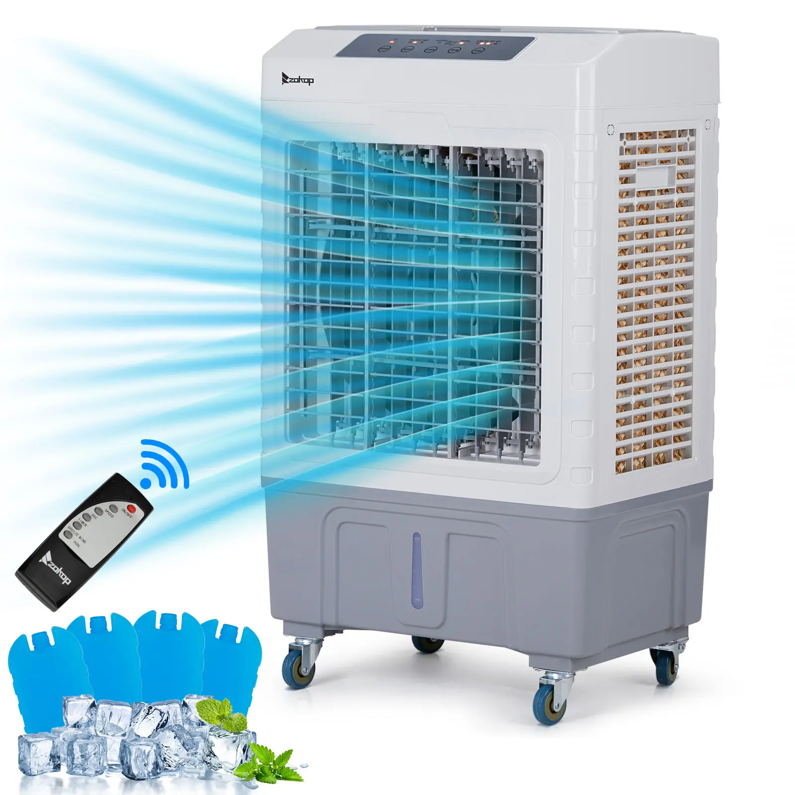 Portable Swamp Cooler, 2647CFM Evaporative Air Cooler with Auto Oscillating, 4500 cu m/h Airflow, Remote Control, 3 Speeds, 4 Ice Packs, 3-IN-1 Humidifying Cooling Fan for Indoor, Outdoor Patio, Swamp Coolers