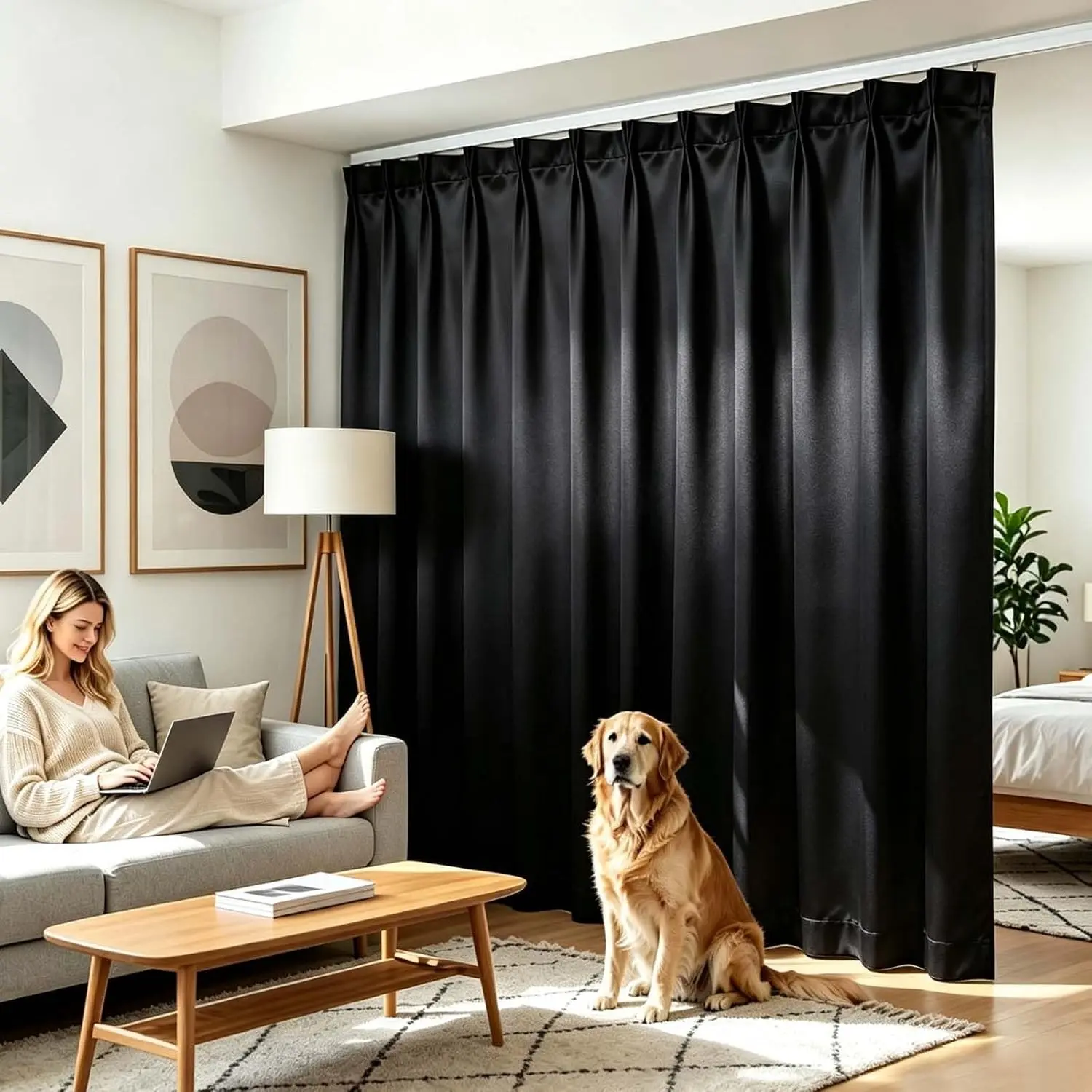 Extra Wide Blackout Room Divider Curtains Set with Mounted Track - 100% Blackout, 3-Layer Soft Fabric, Thermal Insulated, Breathable, Sliding Space Divider for Bedroom, Apartment, Rectangular