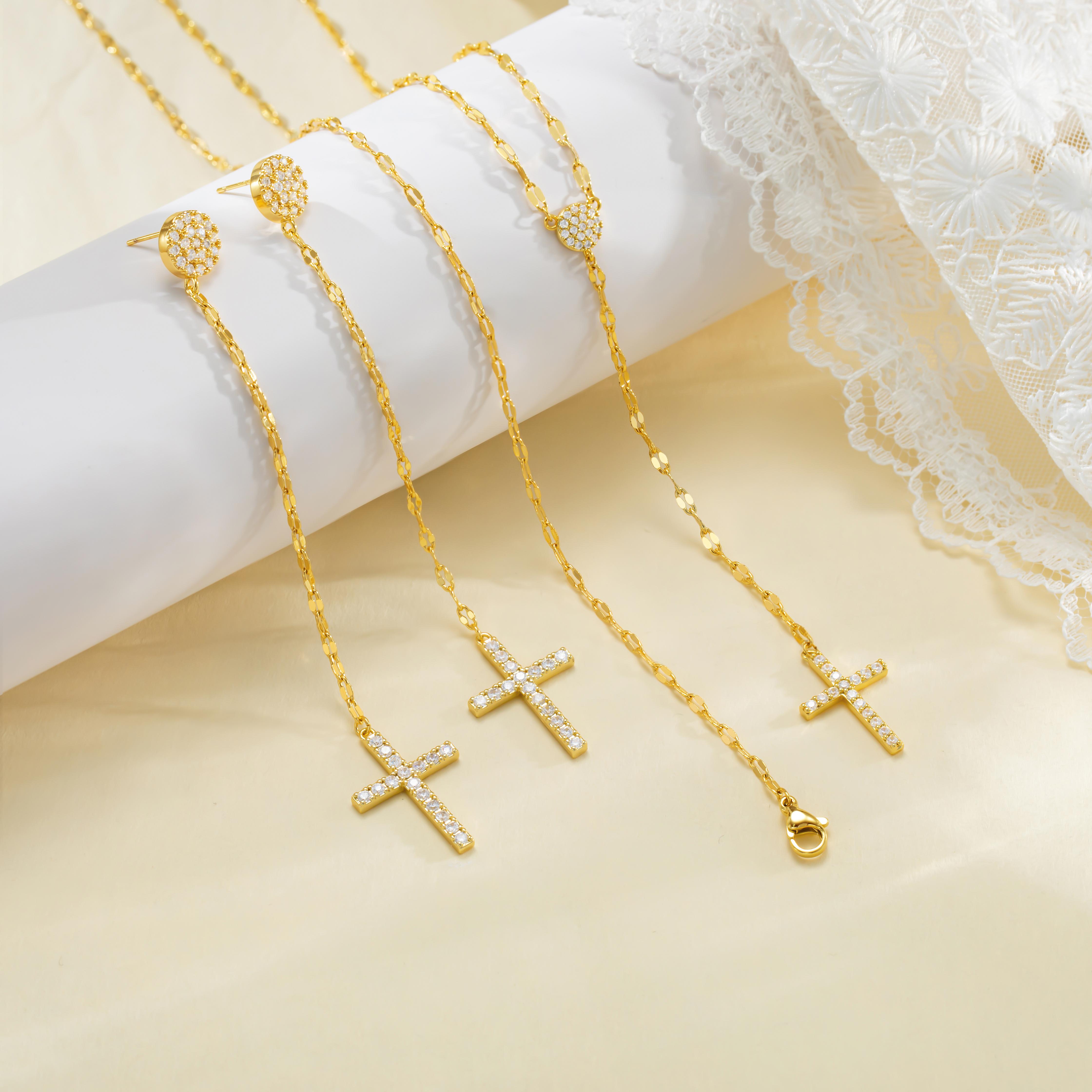 Tewiky Minimal Dainty Cross Earrings Layered Bar Pendant Neckalce Gold Long Y-Necklace Gold Earrings and Necklaces Set Delicate Lariat Chain Easter Jewelry for Women