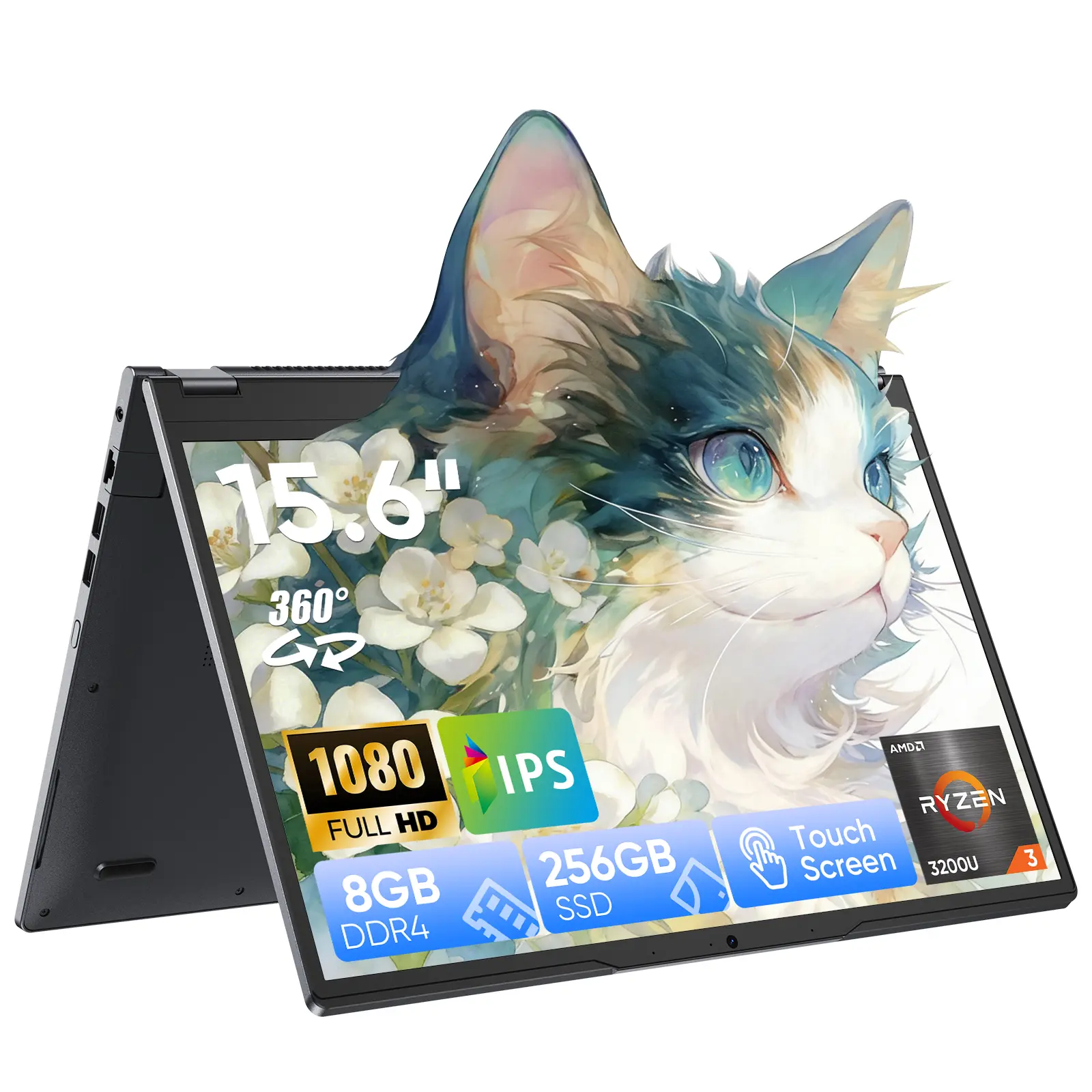 TPV 2-in-1 360° Rotatable Portable Laptop - 15.6-in FHD 1920x1080 Touchscreen Ultrabook, AMD Ryzen R3 3200U, Radeon Vega 3, 8GB RAM, 256GB SSD, Windows 11 Pro, Backlit Keyboard, Wifi, for College Students & Professionals, Wireless, Hdmi Port, Vibrant