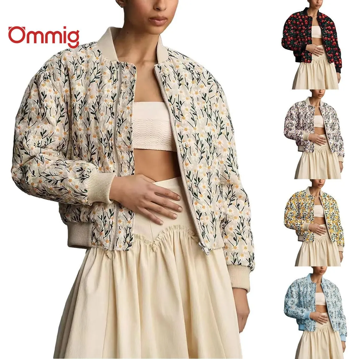 Ommig Women's Casual Cropped Bomber Jacket, Daisy Embroidered Quilted Ramie Linen with Long Sleeves and Pockets, Coats, Casual Jackets, Floral, Fitted, Zipper