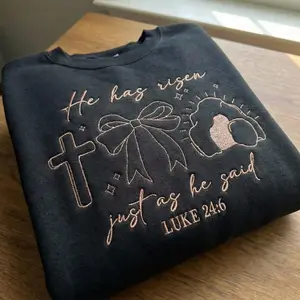 He Has Risen Embroidered sweatshirt, Coquette Bow Christian Easter Machine Embroidery hoodie, Luke 24:6 Bible Verse, Easter Day Gift
