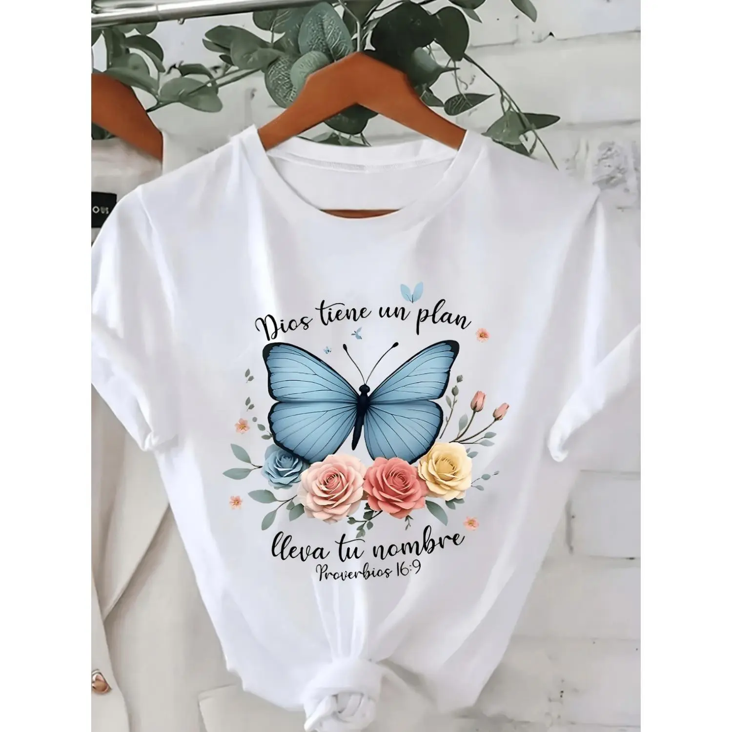 Women's Casual Short Sleeved T Shirt with Blue Butterfly and Pink Rose Floral Print Featuring Bible Scripture Deuteronomy 318 for Church and Daily Wear Comfortable Soft Cotton Durable Fashion Inspired by Faith Ideal for Community Store Shopping
