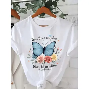 Women's Casual Short Sleeved T Shirt with Blue Butterfly and Pink Rose Floral Print Featuring Bible Scripture Deuteronomy 318 for Church and Daily Wear Comfortable Soft Cotton Durable Fashion Inspired by Faith Ideal for Community Store Shopping