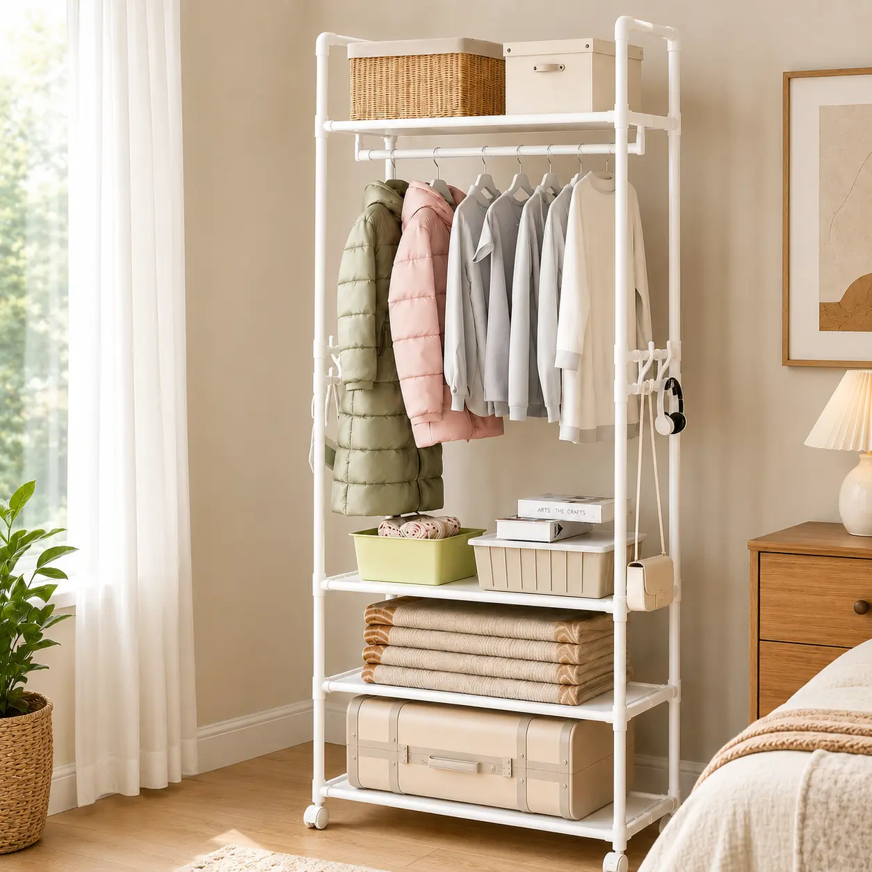 Black Carbon Steel 3-Tier Standing Garment Rack with Shoe Shelves, Rolling Organizer Storage with Side Hooks for Bedroom, Closet