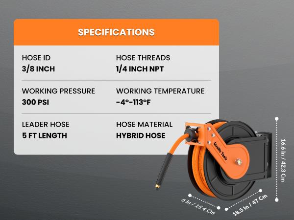 Giraffe Tools Retractable Air Hose Reel-Alloy Steel Reel-3/8in x50 FT Hybrid Air Hose Max 300 PSI,Wall Mount Heavy Duty Double Arm Steel Reel