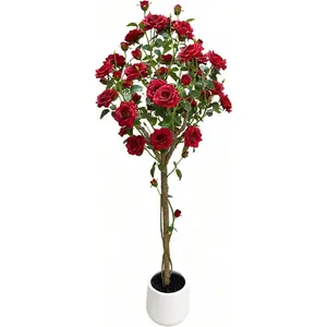 1.5-Meter Artificial Rose Tree, Realistic Silk Flower Plant with Plastic Trunk in Decorative Pot, for Indoor & Covered Outdoor Decor,Red,White Pot