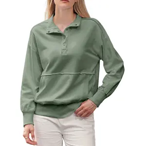 Shewin 2026 Spring Oversized Ribbed Pullover Women's Button-Down Sweatshirt with Kangaroo Pocket Comfy Casual Layering for Spring Outfits Breathable Soft Cozy Material - Everyday, Womenswear