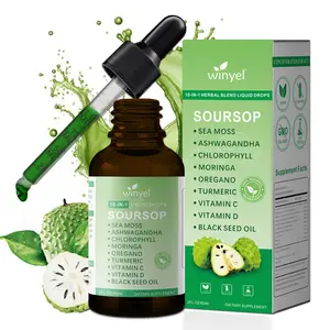 WINYEL Soursop Drops 10-in-1 with Seaweed Moringa Black Seed Oil Oregano Ashwagandha Chlorophyll Herbal Extracts for Overall Health Vegan 2 fl oz Supplement