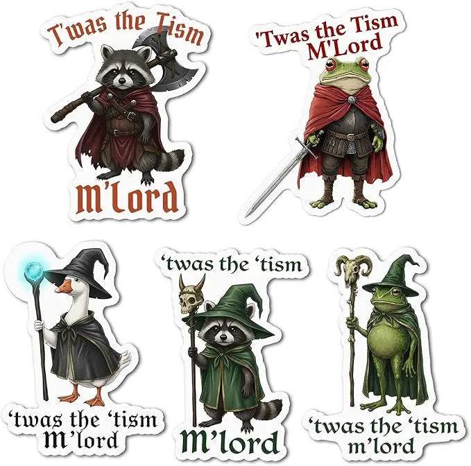 5 PCS TWAS The Tism Stickers Pack Autism Awareness Medieval Fantasy Wizard Knight Frog Raccoon Funny Neurodivergent Pride Waterproof Vinyl Decals Laptop Water Bottle Nerdy Gifts