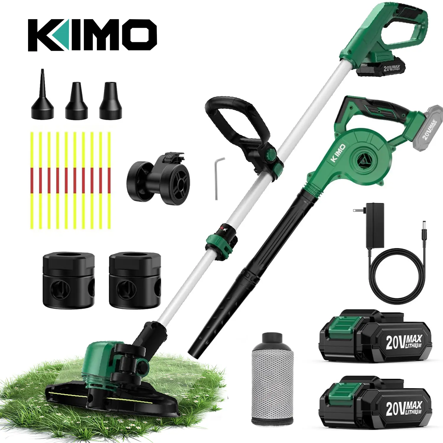 KIMO 20V Brushless Cordless Yard Combo Kit - 12-in 2-in-1 String Trimmer & Edger (2000 RPM, 10-Pack Trimmer Lines), 260 CFM 190 MPH Leaf Blower (3 Nozzles), 2x2.0Ah Batteries & Charger for Lawn Care