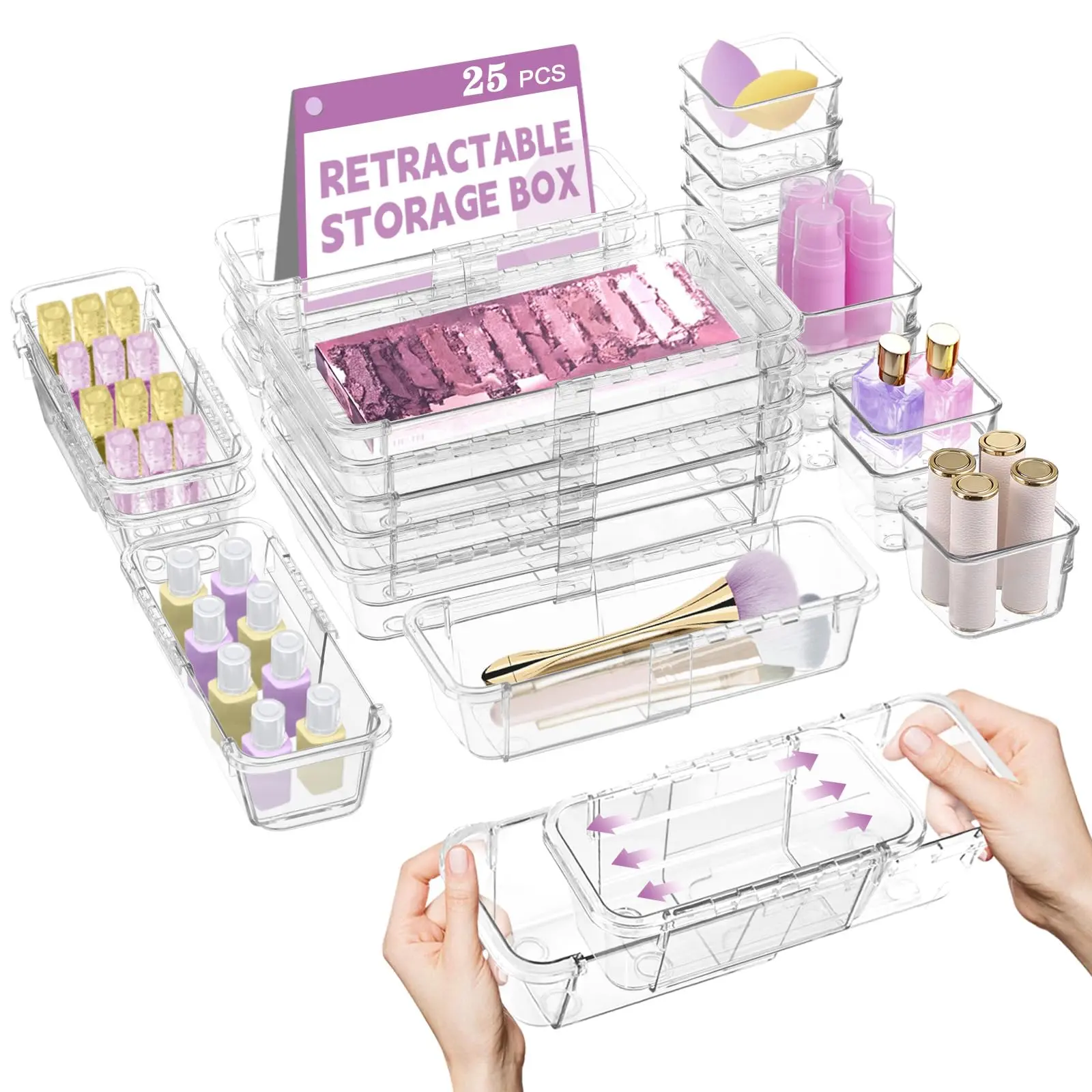 25 Pcs Clear Drawer Organizer, Adjustable Drawer Storage Box, 3-Size Desk Drawer Organizer, Storage Bins for Makeup, Cosmetic, Kitchen Utensils, Bedroom Dressers Tool Organizer for Gadgets