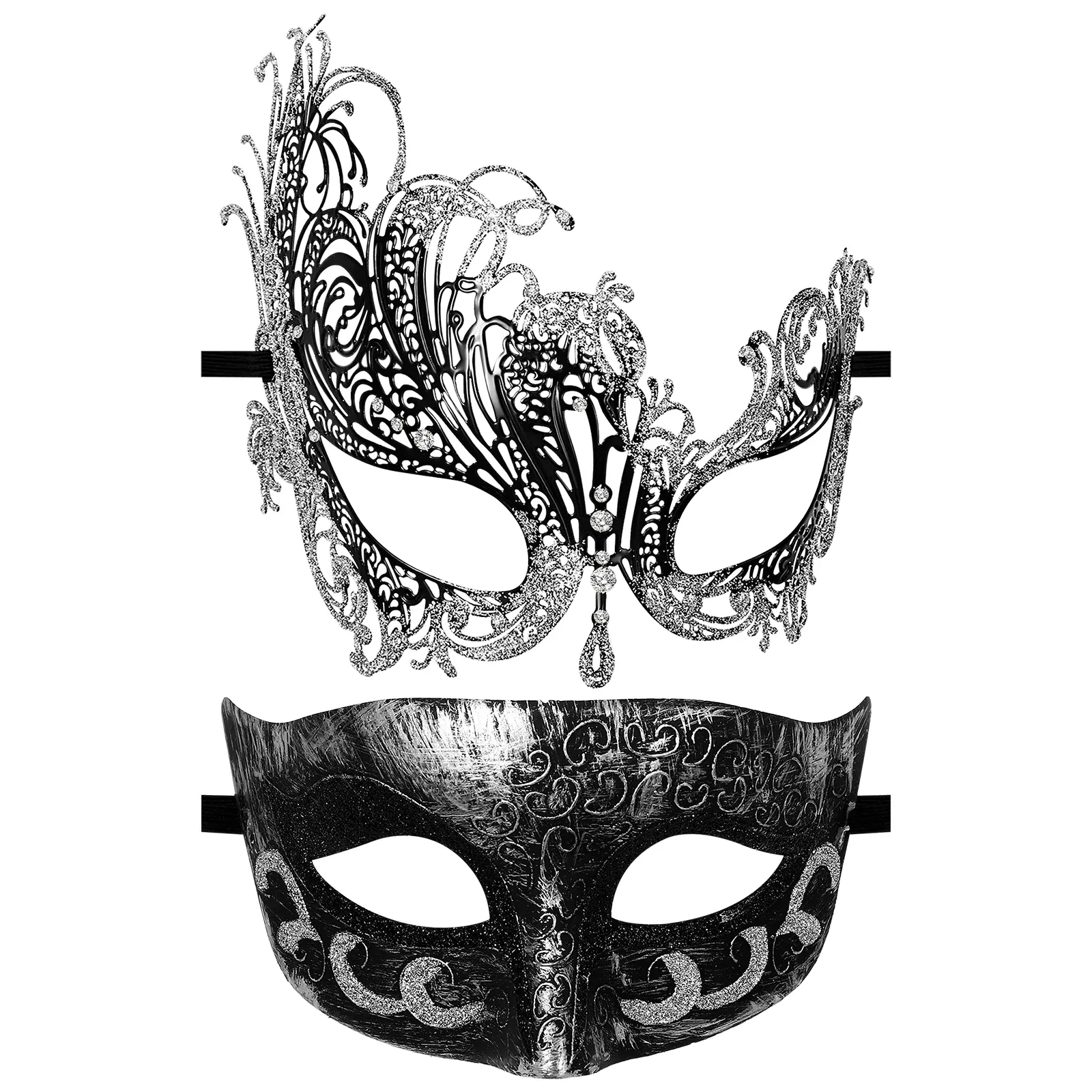 OIDEA Adult Venetian Metallic Cut-Out Couple Masquerade Dance Masks (Set of 2), Rhinestones-Embellished Comfortable Poly Accessory with Adjustable Strap for Wedding, Party, Halloween