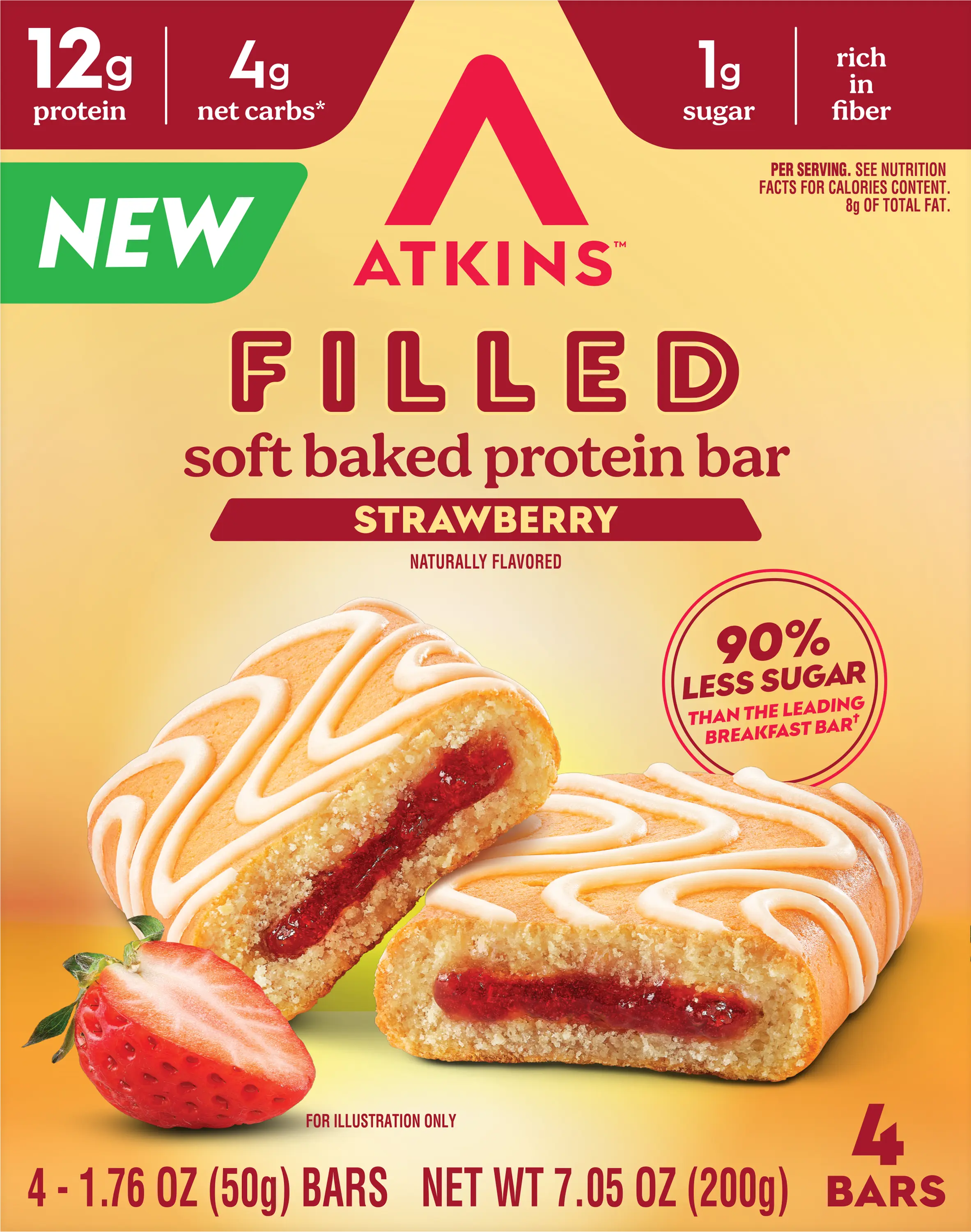 Atkins Soft Baked Bar, Strawberry Filled Flavor, 12g of Protein, 4g Net Carbs, 4 Count*