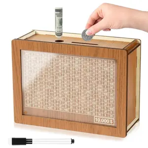 $10000 Larger Size Savings Challenge Box - Cash Vault Wooden Money Savings Box for Adults Kids - Kakeibo Money Bank - Wooden Cash Coin Piggy Bank with Counter and Dry Erase Pen - Brown