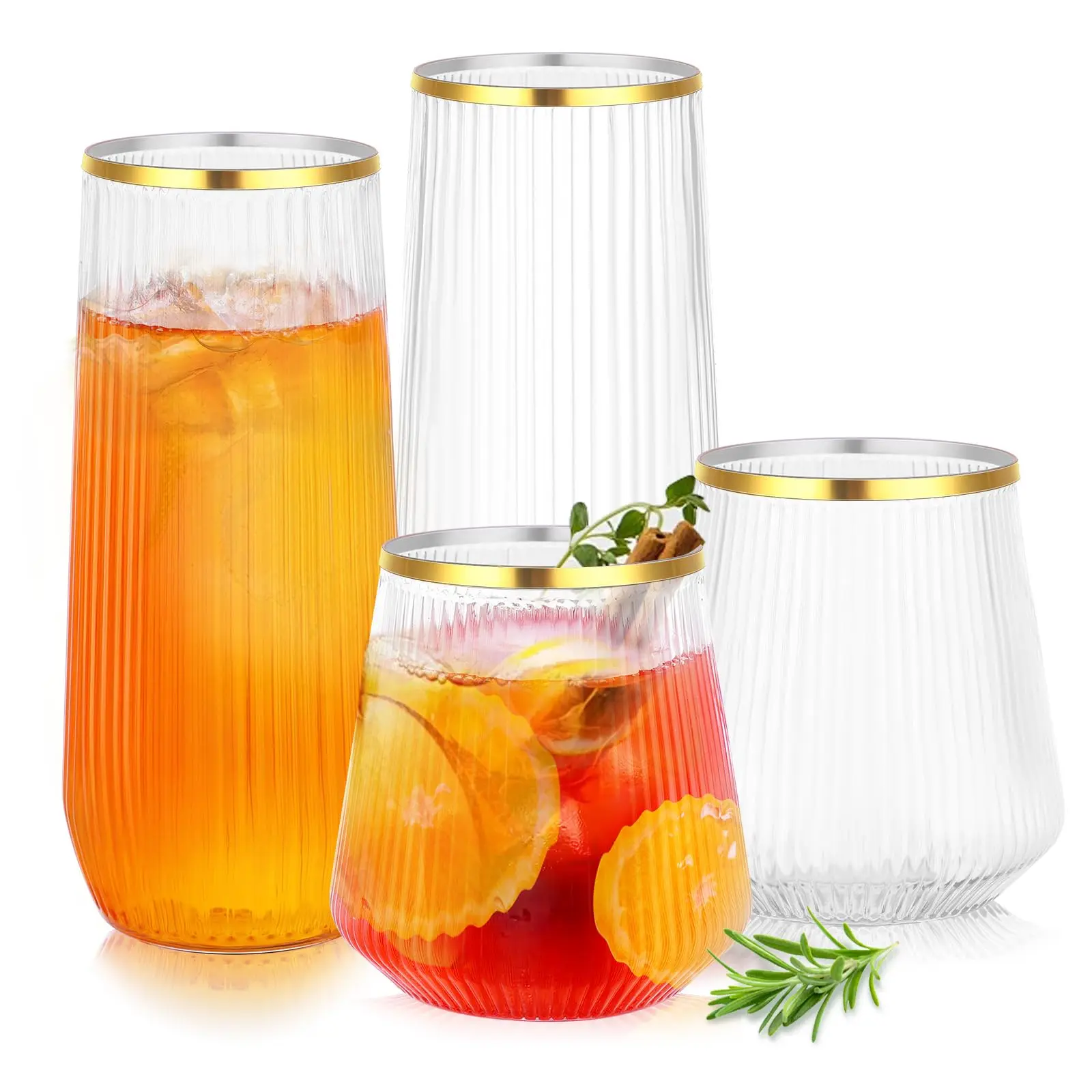 Kesaplan Summer Wins 48 Pcs Plastic Wine Glasses Disposable, Cocktail Glasses Set 9 OZ Stemless Champagne Flutes 12 OZ Ribbed Ripple Reusable Party Cup for Wedding Home Office Bar Drinking