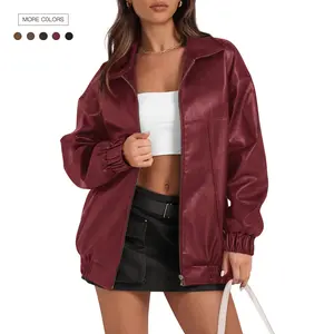 2026 Womens Leather Jacket Oversized Faux Casual Zip Up Bomber Motorcycle Jackect Trendy Fall Winter Clothes S-XXL