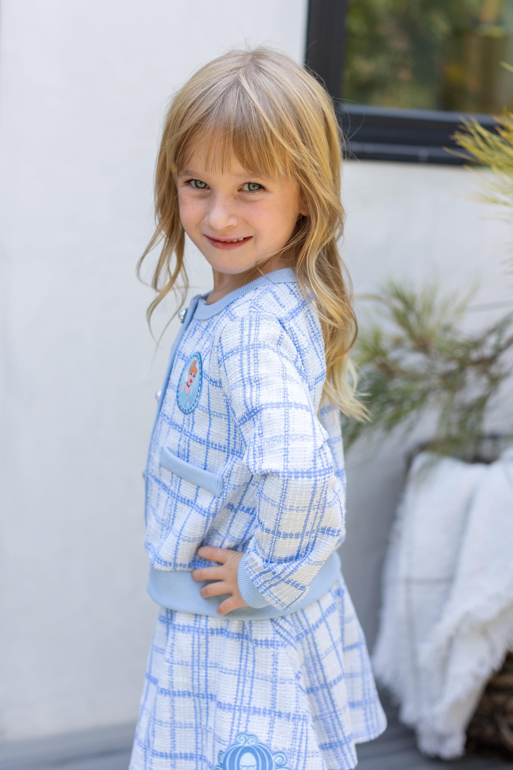 Disney Frozen Elsa Stitch Moana Minnie Toddler Girls 2 Piece Set Pearl Buttoned Knit Top Tweed Skirt Outfit for Kids Aged 2-7 Girly，SprIngGIowUp ,RefreshedLook