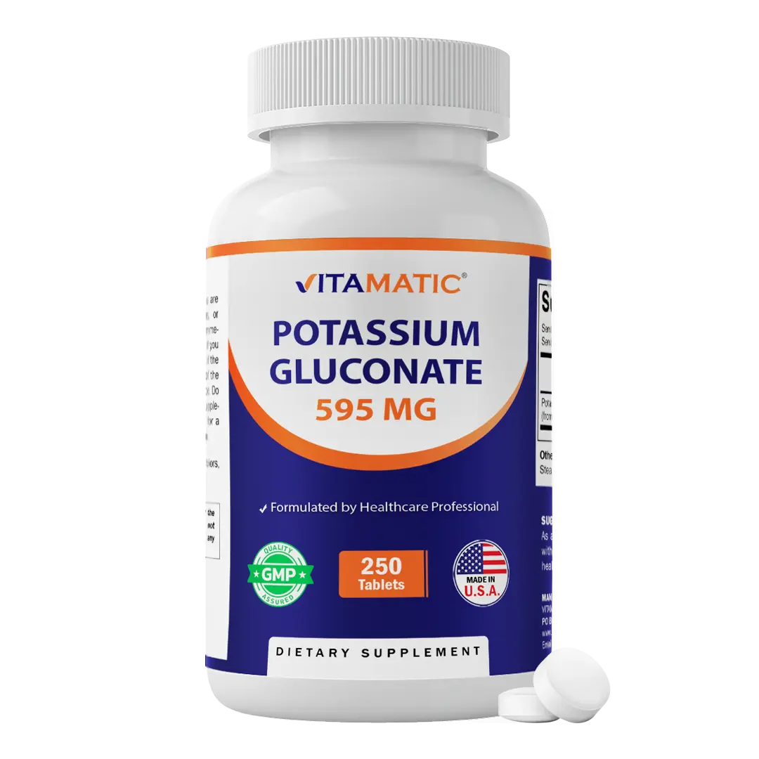 Vitamatic Potassium Gluconate Mineral Dietary Supplement Pills - 595 mg, 250 Tablets, 24 Months Basic Sugar-Free Daily Supplement for Adults - GMO-Free, Made in USA, Supports Heart Health, Muscle, Electrolyte Balance