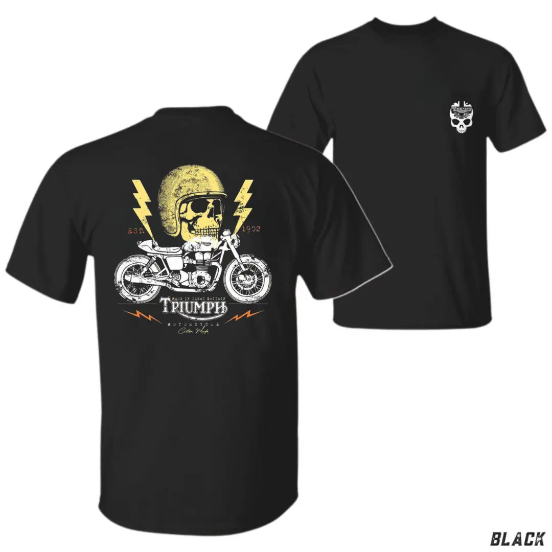 Triumph 2Side Skull Helmet Motorcycle Graphic Tee - Vintage Design, Black, 100% Cotton, Classic Unisex Fit, Short Sleeve, Machine Washable - Collar