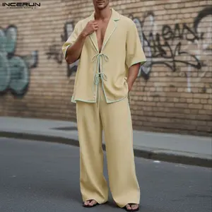 INCERUN Men's Summer Comfy Lounge Set Short Sleeve Tie Front Shirt Wide Leg Pants Pajamas Sleepwear